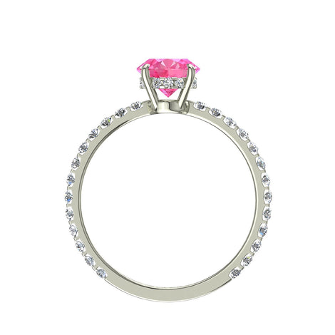 Solitario con zaffiro rosa ovale e diamanti tondi San Valentino in oro bianco 1.00 carati