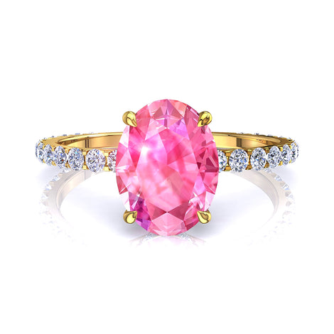 Anello ovale con zaffiro rosa e diamanti tondi San Valentino in oro giallo 1.00 carati