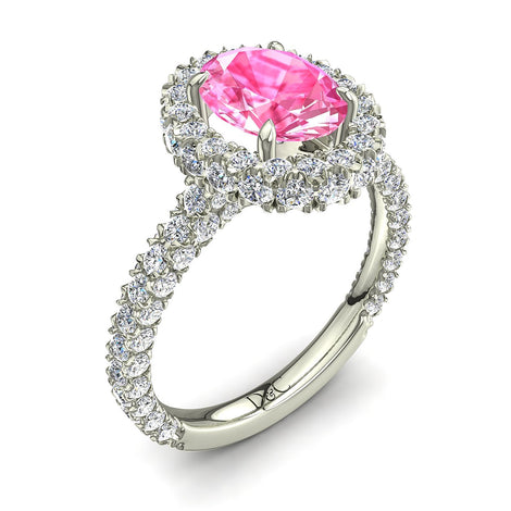 Bague de fiançailles saphir rose ovale et diamants ronds 1.50 carat or blanc Viviane
