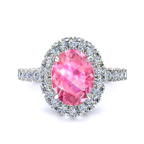 Anello di fidanzamento ovale zaffiro rosa e diamanti tondi oro bianco 2.00 carati Viviane