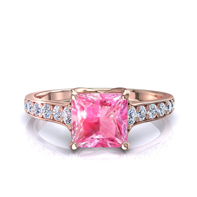 Bague saphir rose princesse et diamants ronds 0.60 carat Cindirella A / SI / Or Rose 18 carats