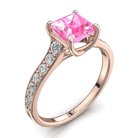 Solitaire saphir rose princesse et diamants ronds 1.80 carat or rose Cindirella