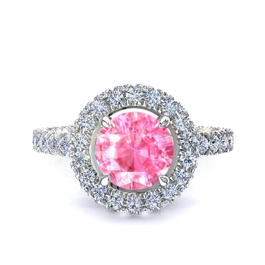 Solitaire round pink sapphire and round diamonds 1.50 carat Viviane A / SI / 18-carat White Gold