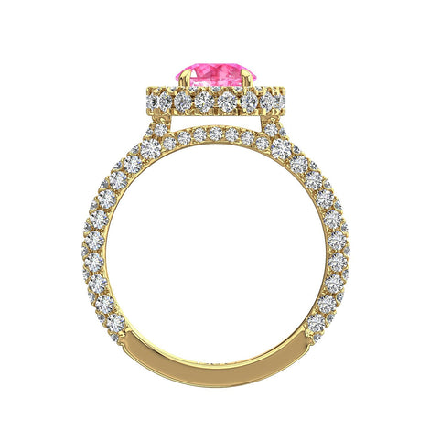 Anello di fidanzamento zaffiro rosa tondo e diamanti tondi oro giallo 2.50 carati Viviane