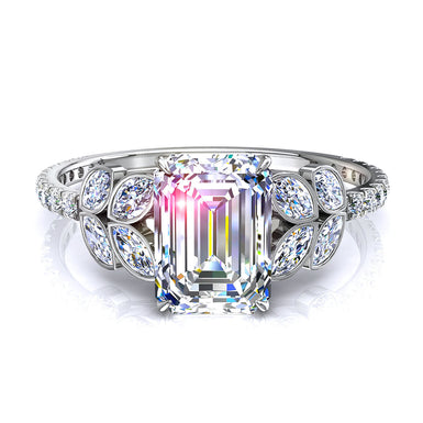Diamante solitario Smeraldo, diamanti marquise e diamanti rotondi 1.00 carati Angela I / SI / Oro bianco 18 carati