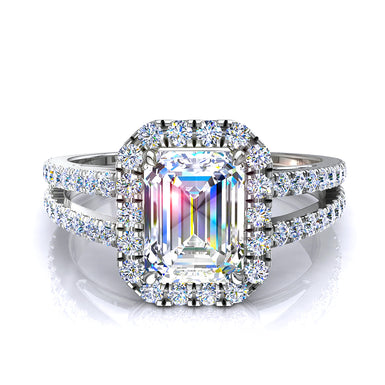Bague de fiançailles diamant Émeraude et diamants ronds 1.00 carat Genova I / SI / Or Blanc 18 carats