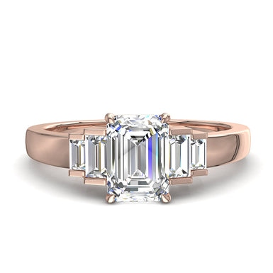 Anello solitario con smeraldo e diamanti baguette 1.10 carati Alessia I/SI/Oro rosa 18 carati