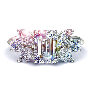 Solitaire Lucie bague diamant Émeraude et diamants marquises et diamants ovales et diamants poires 1.30 carat I / SI / Platine