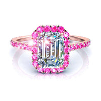 Anello di fidanzamento con diamante smeraldo e zaffiri rosa tondi Camogli in oro rosa 1.00 carati