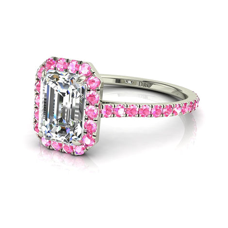 Anello di fidanzamento in oro bianco 1.20 carati con smeraldi di Camogli e zaffiri rosa tondi