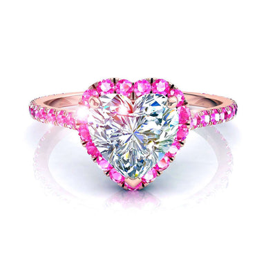 0.80 Carat Camogli I / SI Heart Diamond and Round Pink Sapphire Engagement Ring / 18K Rose Gold