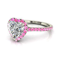 Anello di fidanzamento con diamante cuore e zaffiri rosa tondi Camogli in oro bianco 1.00 carati