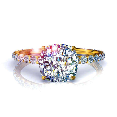 Solitaire diamant coussin et diamants ronds Valentine 0.90 carat I / SI / Or Jaune 18 carats