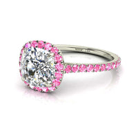 Anello di fidanzamento diamante cuscino e zaffiri rosa tondi oro bianco 1.50 carati Camogli