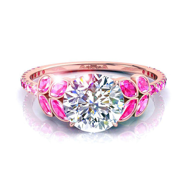 Anel de diamante redondo Angela I / SI / ouro rosa 1.00k de 18 quilates com safiras rosa marquise e safiras rosa redondas