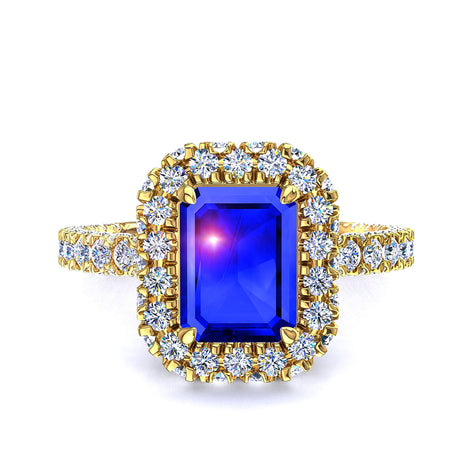 Anello di fidanzamento smeraldo zaffiro e diamanti tondi 2.50 carati oro giallo Viviane