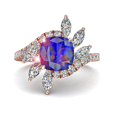 Solitaire bague saphir coussin et diamants marquises et diamants ronds 1.70 carat Lisette A / SI / Or Rose 18 carats