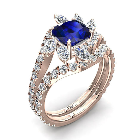 Lisette anello di fidanzamento con zaffiro cushion e diamante marquise oro rosa 1.80 carati