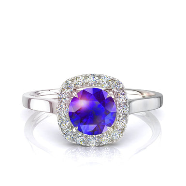 垫形蓝宝石戒指和圆形钻石 0.60 克拉 Capri A / SI / 18 克拉白金