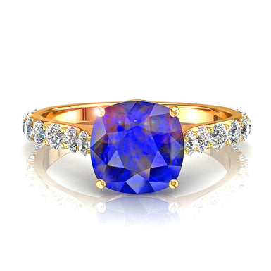 Solitaire cushion sapphire and round diamonds 1.20 carat Rebecca A / SI / 18k Yellow Gold