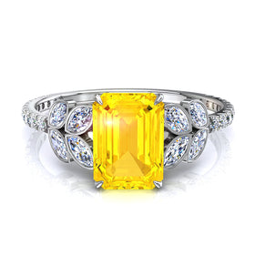 Bague de mariage saphir jaune Émeraude et diamants marquises et diamants ronds 1.00 carat Angela