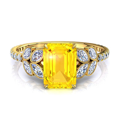 Fede nuziale con zaffiro giallo, smeraldo, diamante marquise e diamante rotondo da 1.00 carati Angela A / SI / oro giallo 18k