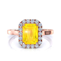 Bague de fiançailles saphir jaune Émeraude et diamants ronds 0.70 carat or rose Capri