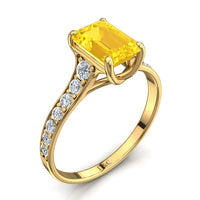 Cindirella Anello con zaffiro giallo smeraldo e diamanti tondi oro giallo 0.90 carati