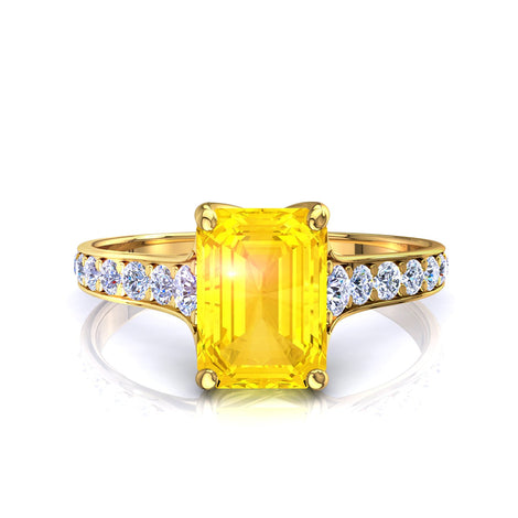 Bague de fiançailles saphir jaune Émeraude et diamants ronds 1.30 carat or jaune Cindirella