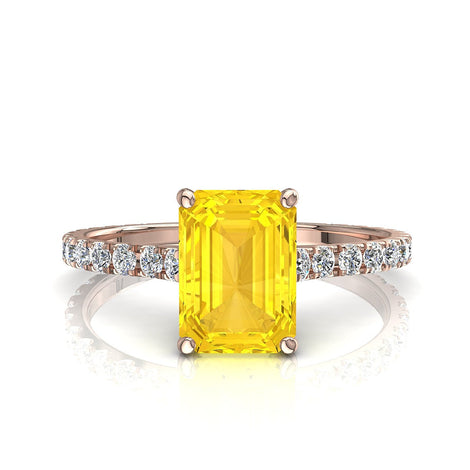 Bague de fiançailles saphir jaune Émeraude et diamants ronds 1.30 carat or rose Jenny