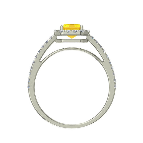 Anello con zaffiro giallo smeraldo e diamanti tondi Genova oro bianco 2.60 carati
