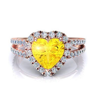 Bague de fiançailles saphir jaune coeur et diamants ronds 1.10 carat Genova A / SI / Or Rose 18 carats