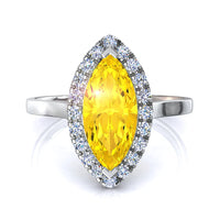 Bague de fiançailles saphir jaune marquise et diamants ronds 2.20 carats or blanc Capri