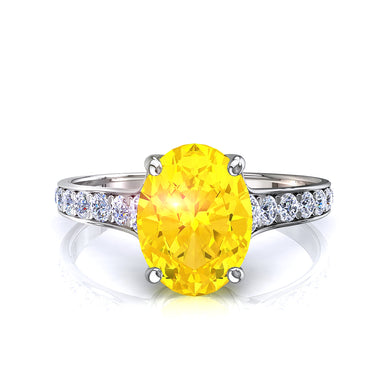 Bague saphir jaune ovale et diamants ronds 0.60 carat Cindirella A / SI / Or Blanc 18 carats