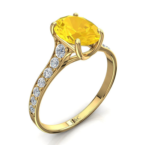 Solitario zaffiro giallo ovale e diamanti tondi Cindirella in oro giallo 1.30 carati