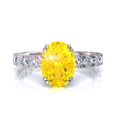 Anello di fidanzamento Valentina A/SI/platino da 1.50 carati con zaffiro giallo ovale e diamante rotondo