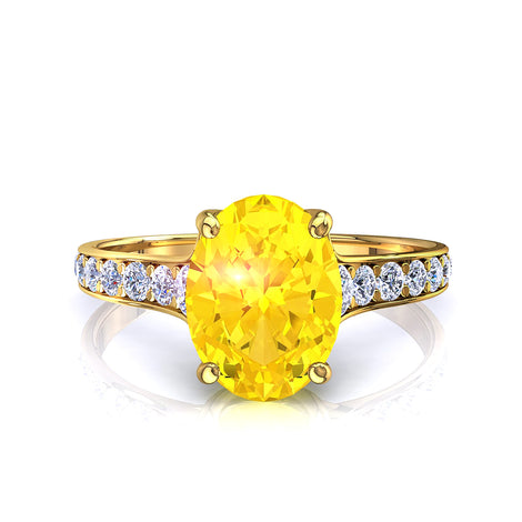 Solitario zaffiro giallo ovale e diamanti tondi Cindirella in oro giallo 1.50 carati