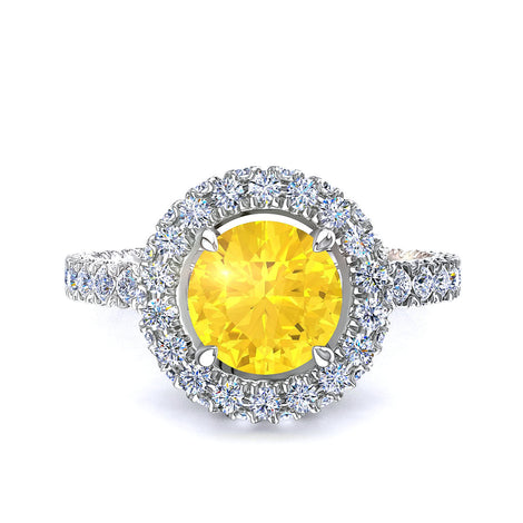 Bague de fiançailles saphir jaune rond et diamants ronds 1.50 carat platine Viviane