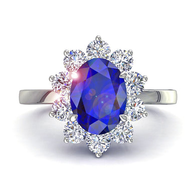 Anello di fidanzamento Diana con zaffiro ovale da 0.80 carati e diamante rotondo A/SI/oro bianco 18 carati