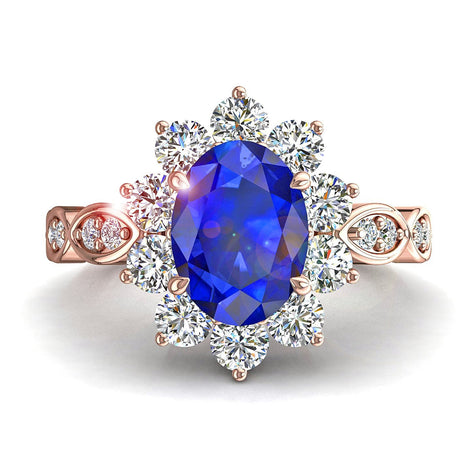 Anello di fidanzamento Elisabeth in oro rosa 1.20 carati con zaffiro ovale e diamanti tondi