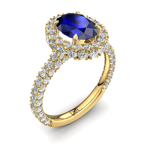 Anello di fidanzamento zaffiro ovale e diamanti tondi Viviane in oro giallo 1.50 carati