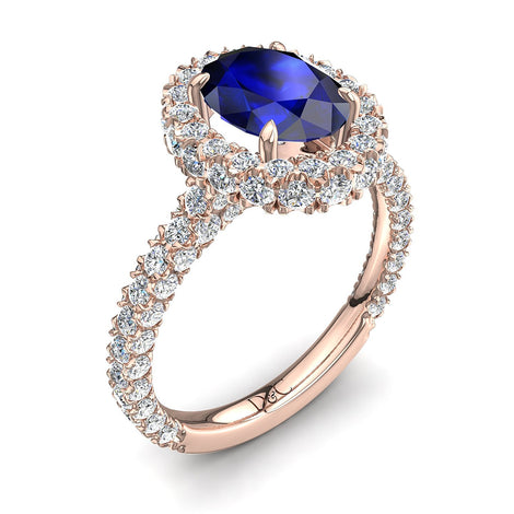 Anello di fidanzamento zaffiro ovale e diamanti tondi Viviane in oro rosa 1.70 carati
