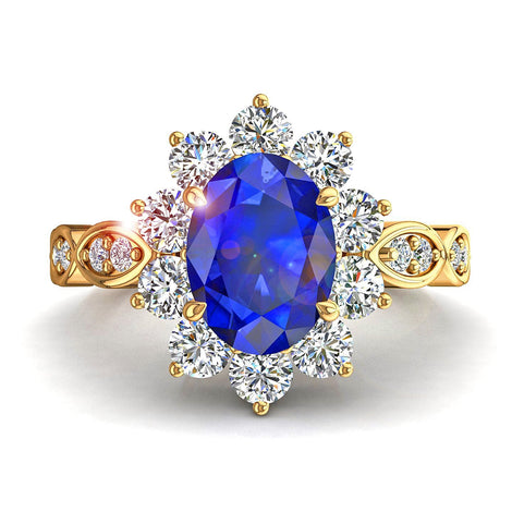 Anello di fidanzamento Elisabeth in oro giallo 2.00 carati con zaffiro ovale e diamanti tondi