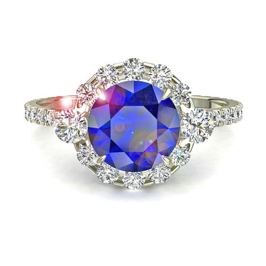 Alexandrina 1.00 克拉圆形蓝宝石和圆形钻石订婚戒指 A/SI/18k 白金