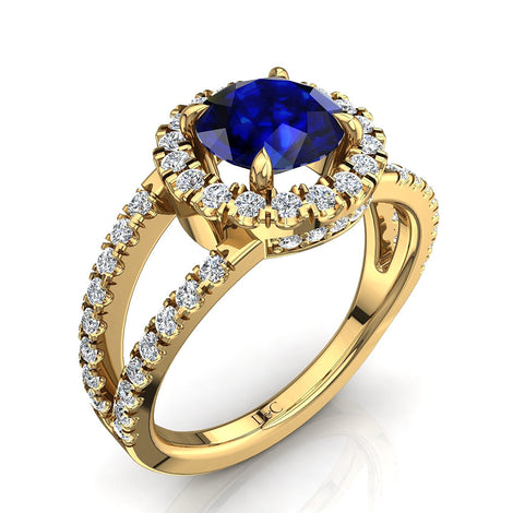 Anello di fidanzamento zaffiro tondo e diamanti tondi oro giallo 1.30 carati Imperia