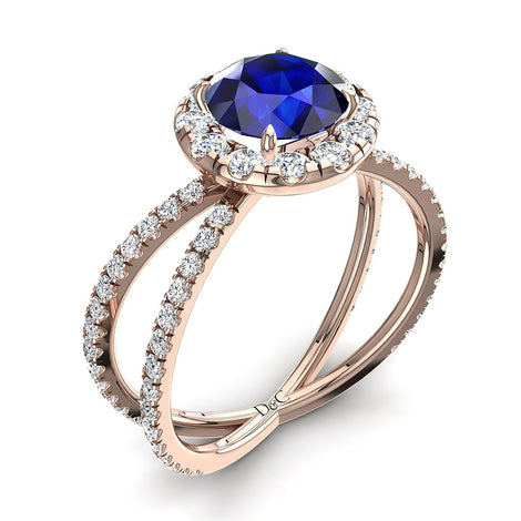Anello di fidanzamento Isabelle zaffiro tondo e diamanti tondi oro rosa 1.35 carati