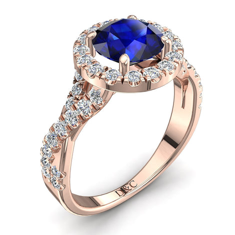 Anello di fidanzamento zaffiro tondo e diamanti tondi Ameglia oro rosa 1.60 carati
