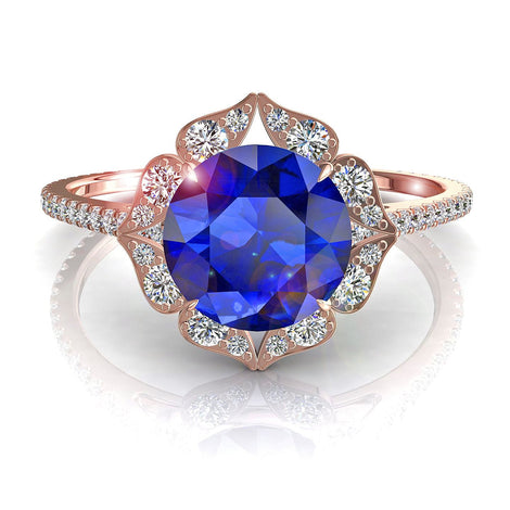 Bague de fiançailles saphir rond et diamants ronds 1.90 carat or rose Arina