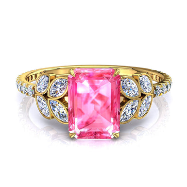 Anello solitario Zaffiro rosa 1.00 carati Smeraldo e diamanti marquise e diamanti rotondi Angela A / SI / Oro giallo 18 carati