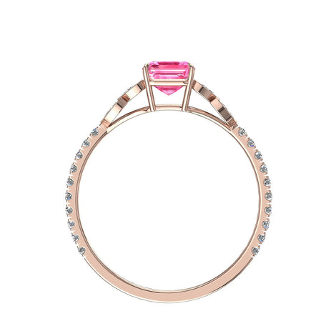 Anello di fidanzamento Angela in oro rosa 1.30 carati con smeraldo e diamanti marquise in zaffiro rosa